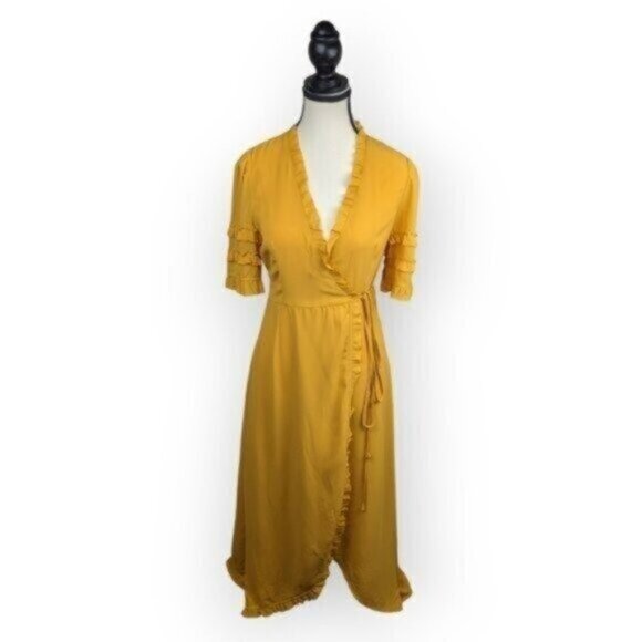 Yellow Short Sleeve Wrap Midi Dress Size Medium - Picture 10 of 11